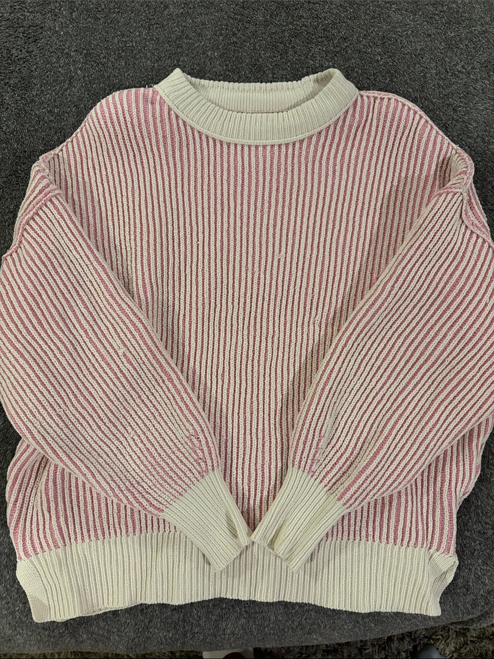 aerie Pink and White Striped Ribbed Crewneck Sweater